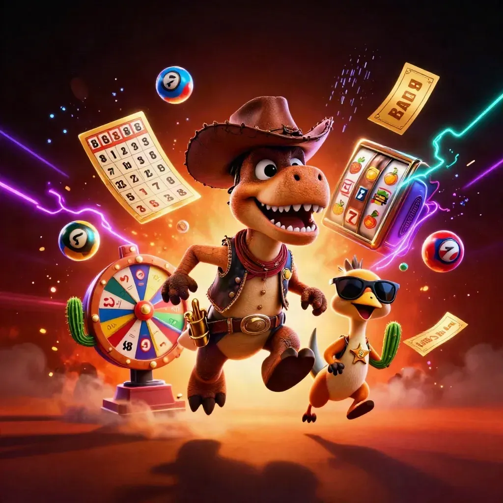 Cartoon cowboy T-Rex, cactus, and roadrunner amid casino bursts and neon energy