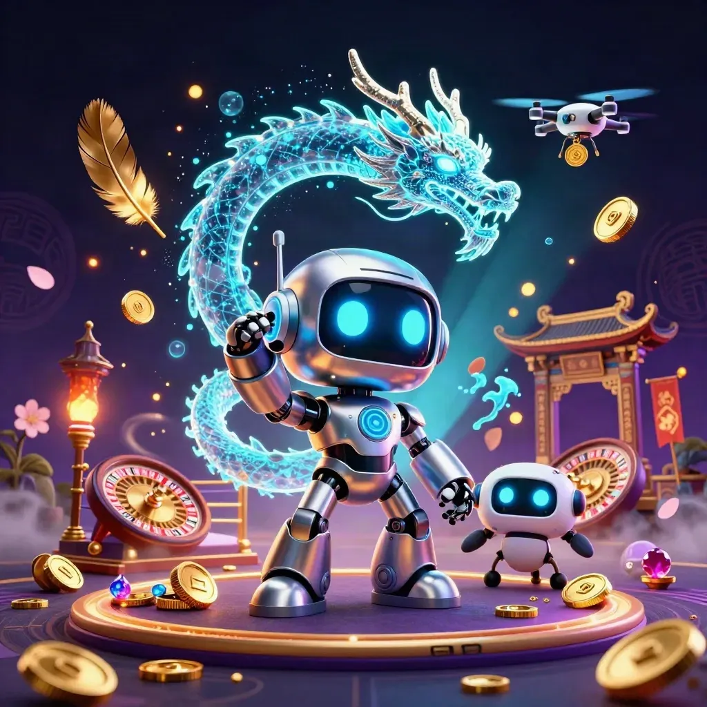 Cyberpunk robot, holographic dragon and coin drone in a luxe neon casino room with gold, teal and purple glow.
