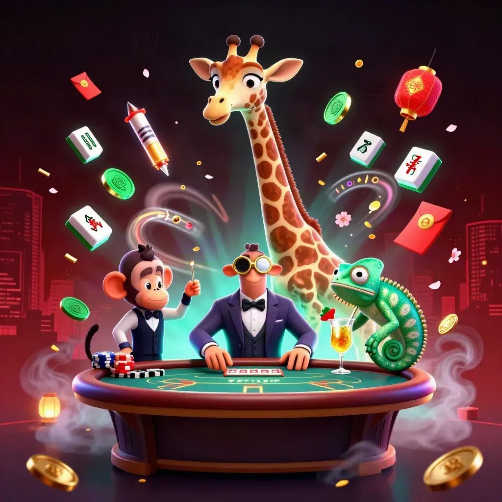 Three casino animals at a neon poker table with coins, lanterns, petals, and teal glow.
