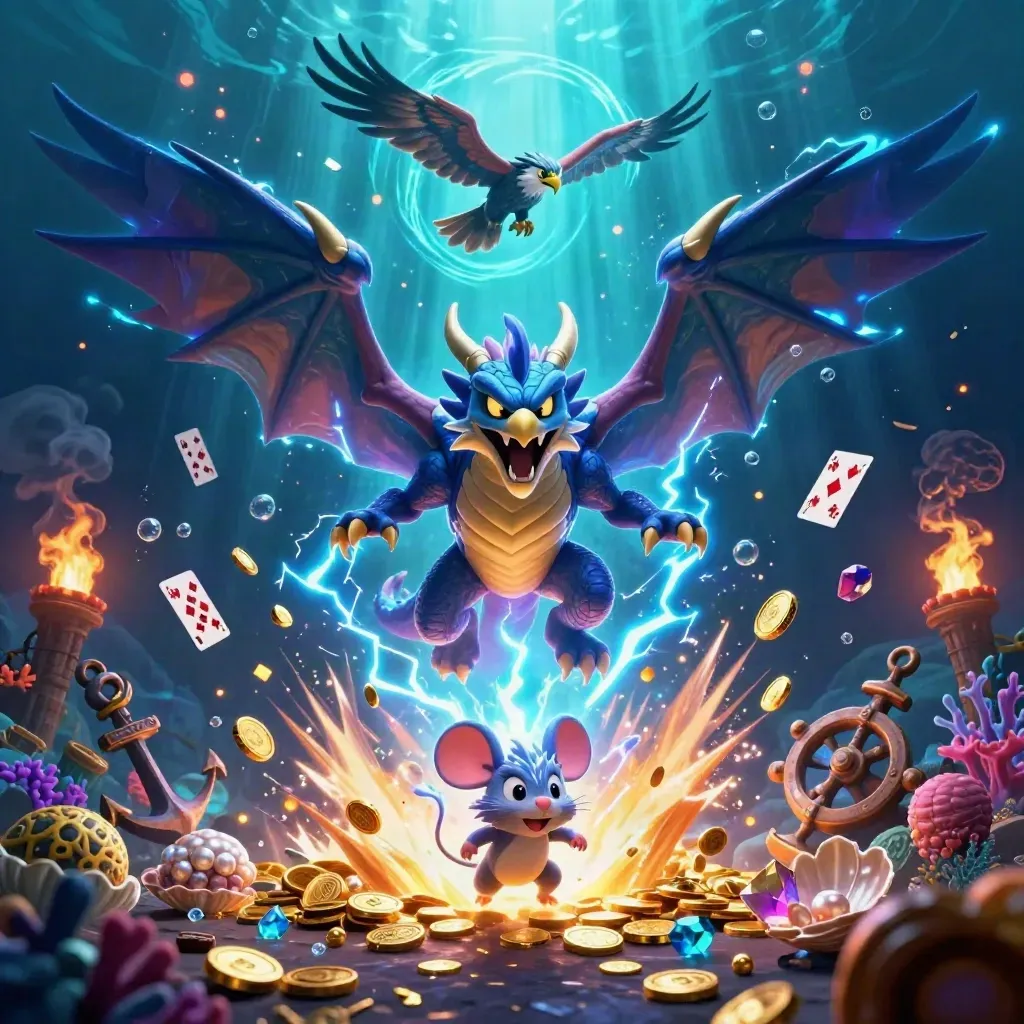 Thunder dragon, wind hawk, and lightning mouse amid underwater gold and gems in neon teal casino art.