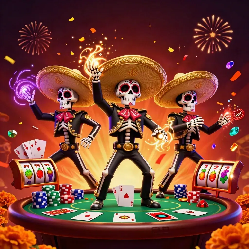 Three skeleton mariachi performers with chips, cards, fireworks, and glowing casino effects
