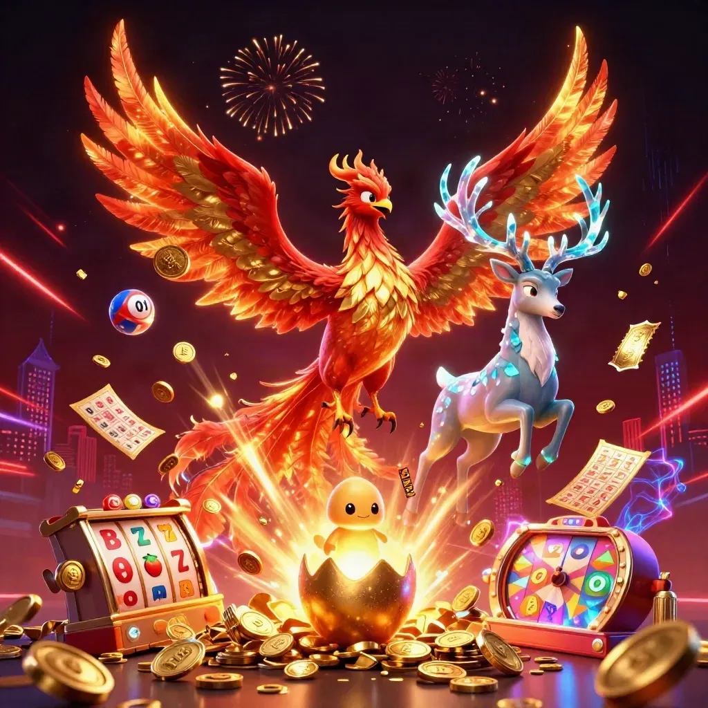 Phoenix, hatching baby phoenix, and crystalline stag burst through casino treasure and neon lights.