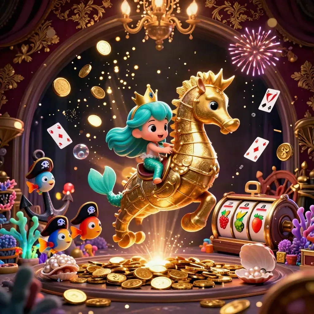 Mermaid princess on armored seahorse amid coins, fish, and casino treasure in neon underwater luxe.