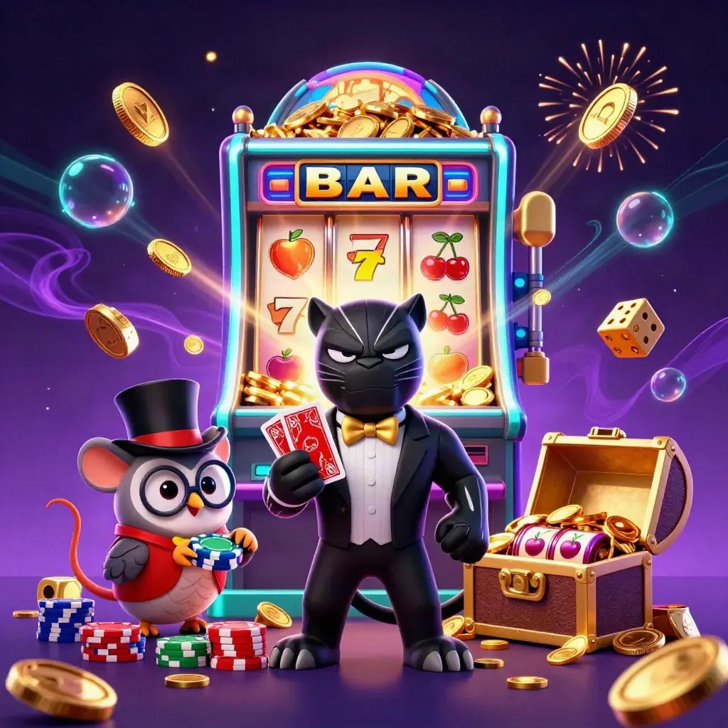 Panther, owl, and mouse celebrate a jackpot as coins, chips, and fireworks burst around a slot machine.