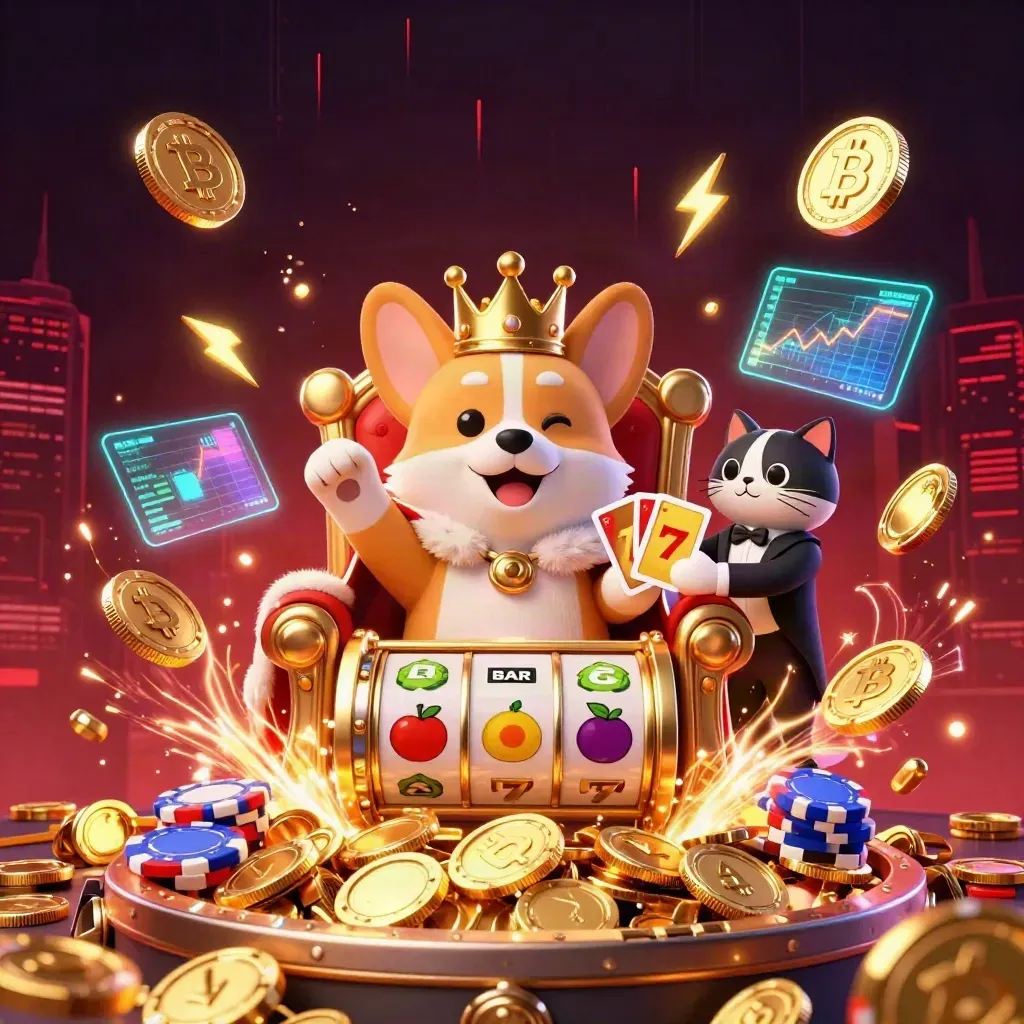 Royal corgi and cat butler amid bursting coins, neon reels, crypto icons, and fireworks