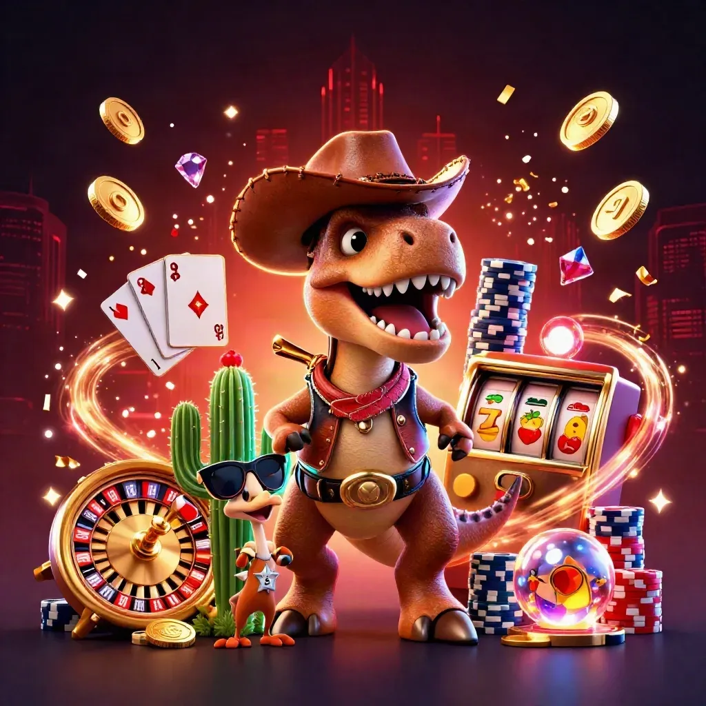 Cowboy T-Rex, cactus sidekick, and roadrunner amid casino spins, coins, chips, and glowing neon effects.